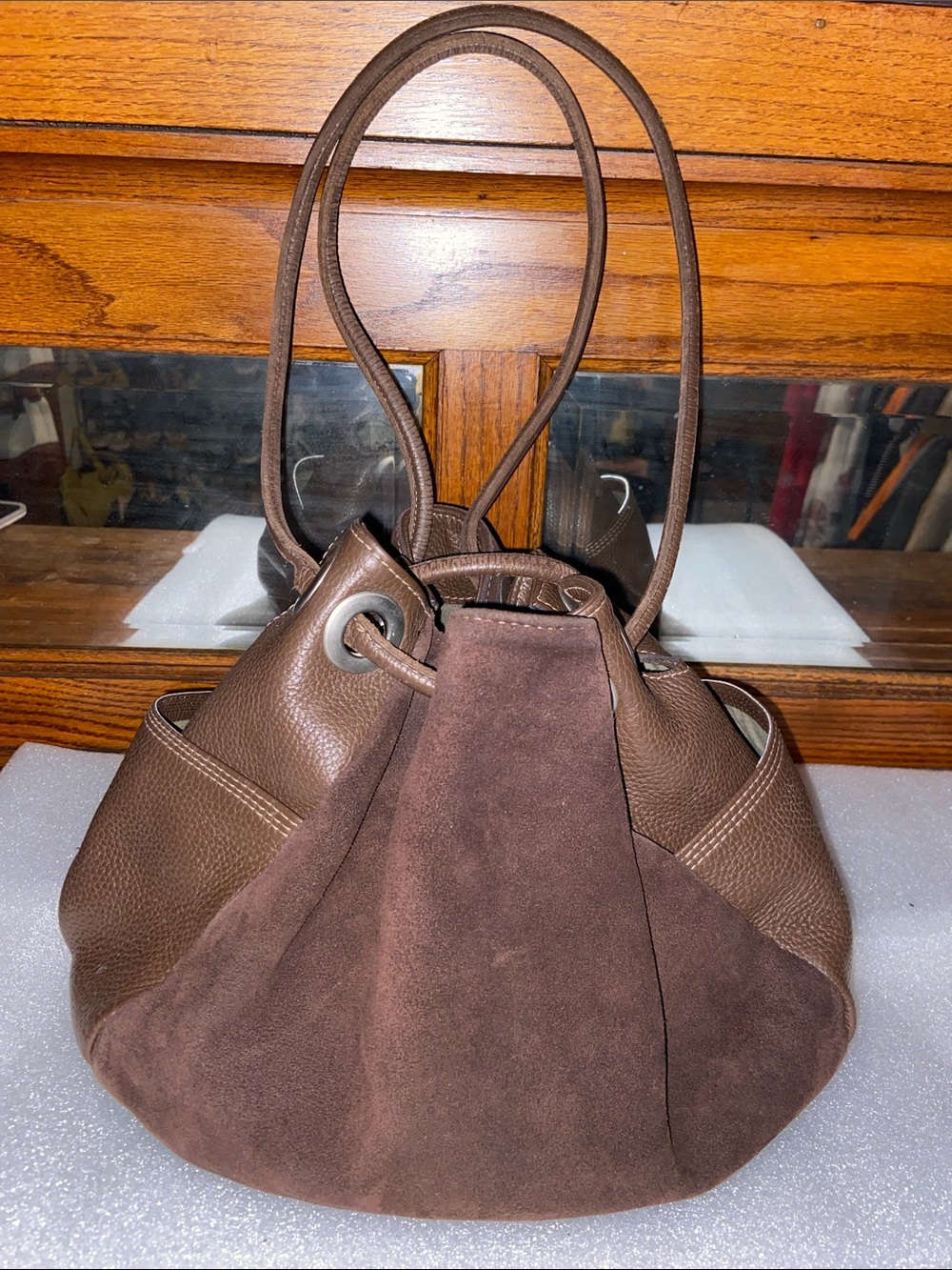 J. Jill Hobo Brown Suede & Pebbled Leather Drawstring Shoulder Bag
